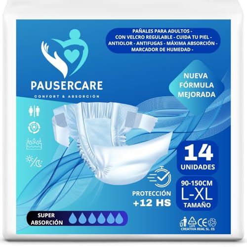 PAUSERCARE Pañales Adulto Unisex | Super Absorbentes Para Incontinencia | Hombres & Mujeres | 14 Unidades Desechables | Máxima Absorción Día y Noche (TALLA L-XL)