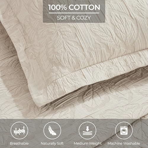 Superior 3 Piece Cotton Bedspread Set, Home Decor, Decorative Bed Spread, 2 Pillow Shams, Medium Weight Blanket, Matelasse Coverlet, Bedding Essentials, Hibiscus Collection, California King, Beige