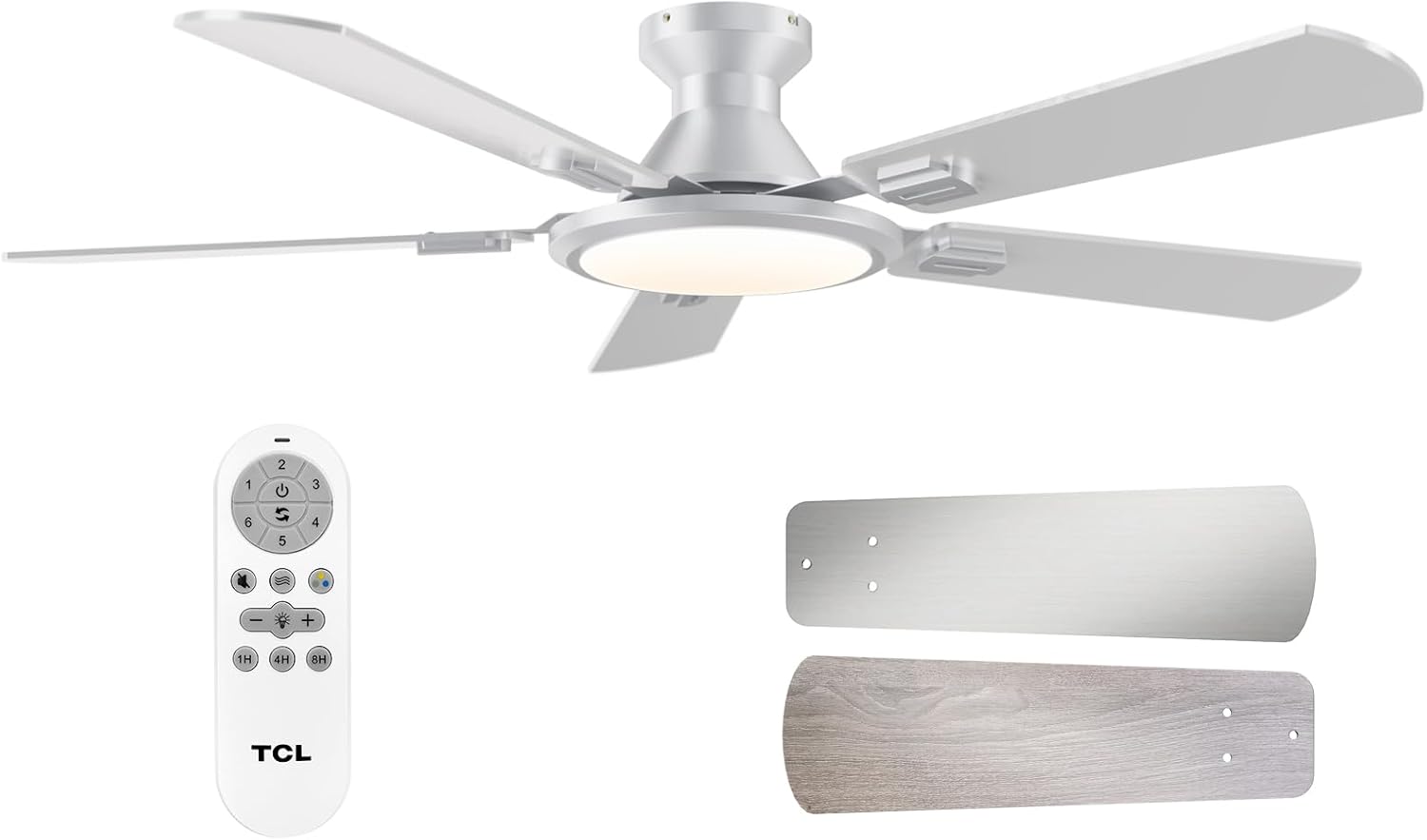 TCL Ceiling Fans with Lights, 52 Inch Low Profile Ceiling Fan with Light and Remote Control, Flush Mount, DC Reversible Motor, Noiseless, 6 Speeds Ceiling Fan for Bedroom (Silver)