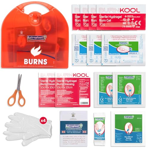 Astroplast First Aid Burns Dispenser in Compact Red Piccolo Box - Refillable First Aid Kit with Burn Gel Gloves and Burn Dressings - Essential Medical Equipment for Home Workplace or Car
