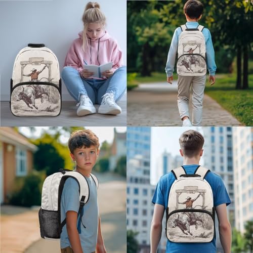 3Pcs Backpack Set for Kids, Cowboy Horse Print Backpack Lunch Box and Pencil Case Set for Girls, 17 Inch Kids School Bags for Elementary Middle School2