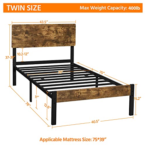 Yaheetech Metal Platform Bed Frame Twin With Wood Headboard And Iron Slats, Rustic Country Bed Base With Mattress Foundation/Strong Slats Support/12 Inch Underbed Storage/No Box Spring Needed, Brown #TOP1