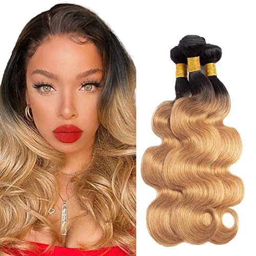HuoWoc 1b/27 Ombre Hair Bundles grade 8a virgin hair weave 3 bundles for women tow tone black to honey blonde bundles ombre human hair bundles 20 22 24 h (HUBBB157)