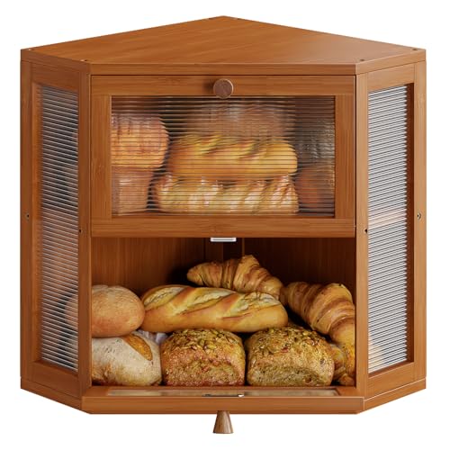 WOWLIVE Corner Bread Box for Kitchen Countertop, Double Layer Bamboo Bread Storage Container, Large Farmhouse Bread box with Acrylic Wavy Door Panel, Under Cabinet Organizer (Caramel, Medium)
