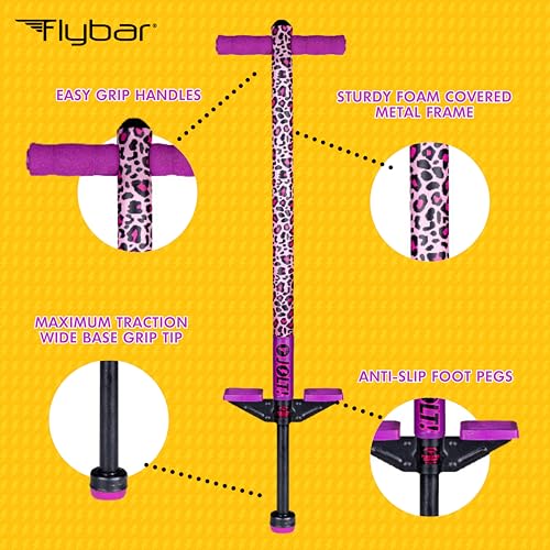 Image of Flybar Jolt Pogo Stick for Kids, Perfect for Beginners w / Foam-Covered Metal Frame, Handles & Padding, Non-Slip Foot Pads, Wide Tip, Outdoor Active Play Toy for Boys & Girls, Ages 6+, Leopard