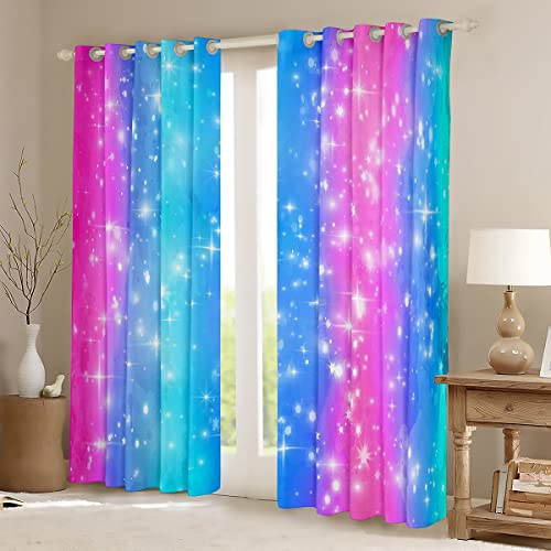 Erosebridal Gold Stars Rainbow Curtains For Kids Girls Toddler,Starry Stars Blackout Curtains,Purple Blue Tie Dyed Pastel Curtains & Drapes 52X63 Inch,Mermaid Princess Window Curtains 2 Panels #TOP1