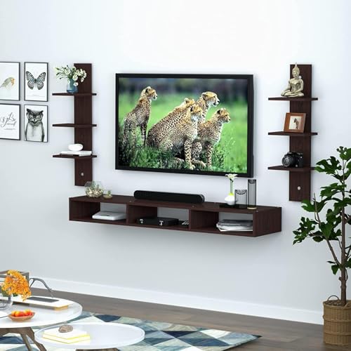 Image of Furniture Cafe Wall Mounted Floating TV Unit with Side Wall Shelves - Modern Wooden Entertainment Center for Set-Top Box, Router, Speakers & Decor (Brown)