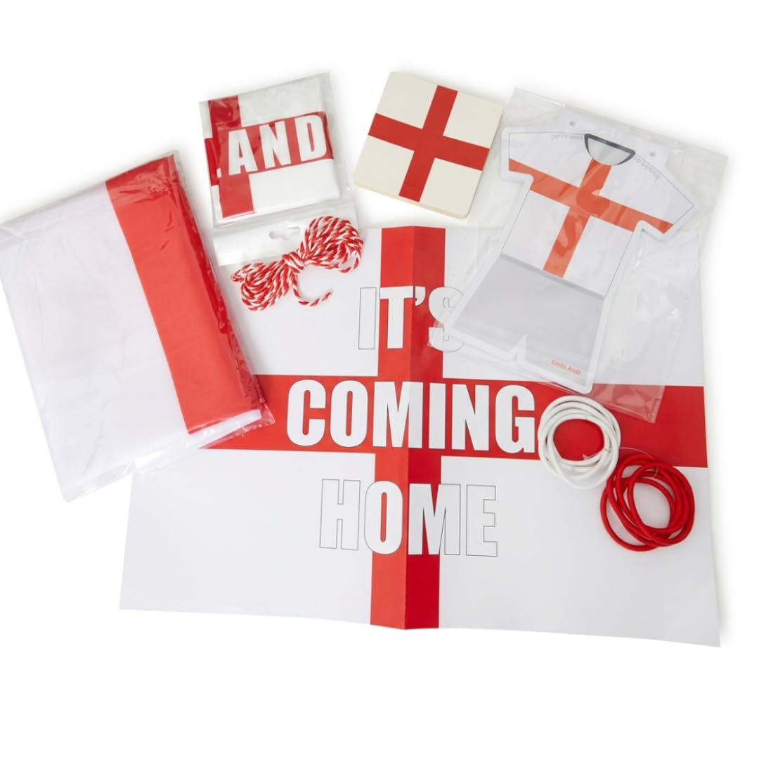 30 Pcs England Supporters Set World Cup 2026 | England Football Fan Flag 5x3ft | St George's Cross Bunting x12 | Drinks Mats x4 | Window Poster | Bang Stickers | RED WHITE hair bobbles