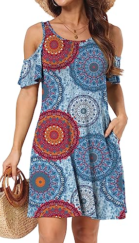 Image of Short /Long Sleeve Women's Cold Shoulder Dress with Pockets Casual Swing T-Shirt Dresses