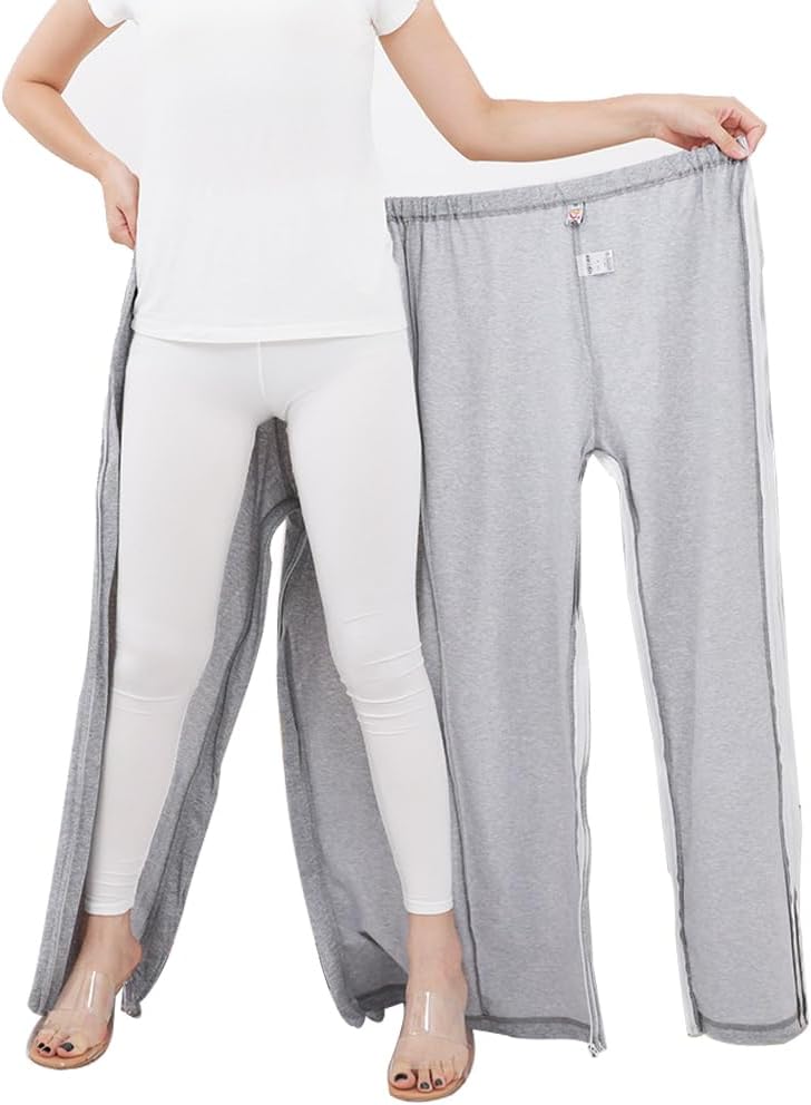 Unisex Side Zipper Bedridden Patient Clothing,Patient Tear Away Pants,Soft Cotton Material,Hospital Pants for Home Care/Post Surgery/Dialysis/Elderly/Fracture/Disability/Rehab