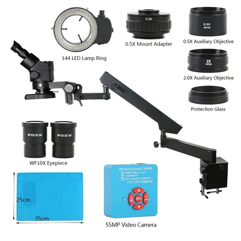 Microscope 3.5X45X Simul-Focal Trinocular Stereo Microscope 4K 2k 55MP HDMI USB Video Camera Articulating Arm Pillar Clamp Phone Repair kit(55MP 2K 4K HDMI USB-03)