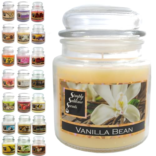SIMPLY SUBLIME SCENTS - Luxury Scented Candle - Exceptional Fragrance Oil - Medium Glass Jar, Up to 76 Hours - Clever Wax Formula for a Long, Clean and Even Burn - Vanilla Bean - Cotton Wick