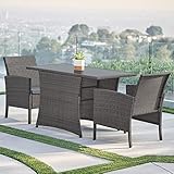 BELLEZE 3 Piece Rattan Patio Dining Set, Tempered Glass Rectangular Table and Chairs, Outdoor Wicker...