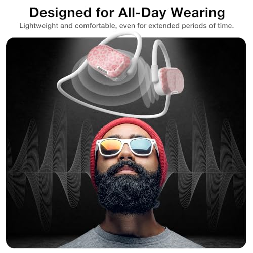 Image of Purity Air Open Ear Headphones - True Air Conduction Wireless Bluetooth Open Ear Earbuds with Dual Mic for iPhone /Android - Secured Long Wearing Comfort, Sports Sweat Resistant (Pink Leopard)