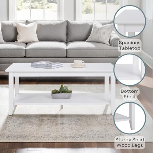 Convenience Concepts American Heritage Rectangle Coffee Table 42" - Classic Center Accent with Storage Shelf for Farmhouse, Transitional, Traditional Living & Family Room, White