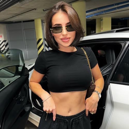 Image of Retro Frameless Rectangle Sunglasses Womens Trendy Narrow Small Frame Spring Hinge UV Protection FZN905