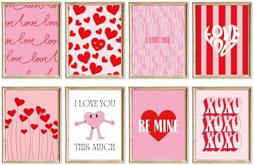 AnyDesign 8 Sheet Valentine's Day Wall Art Prints Red Pink Love Heart Posters Decorative Sweet Art Poster for Wedding Anniversary Home Gallery Decor, 8 x 10 Inch, Unframed