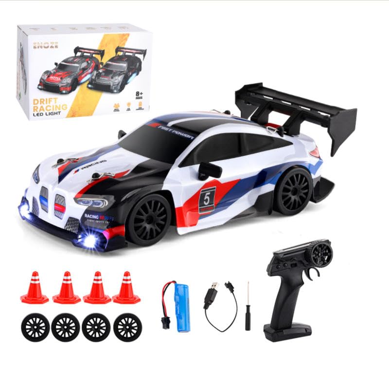 RIZAMZ RC Drift Car 4WD Remote Control Racing Car with Replaceable Drift Tyres, Neon Lights, Rechargeable, with 4 Cones, Gift for Boys and Girls (White BMW)