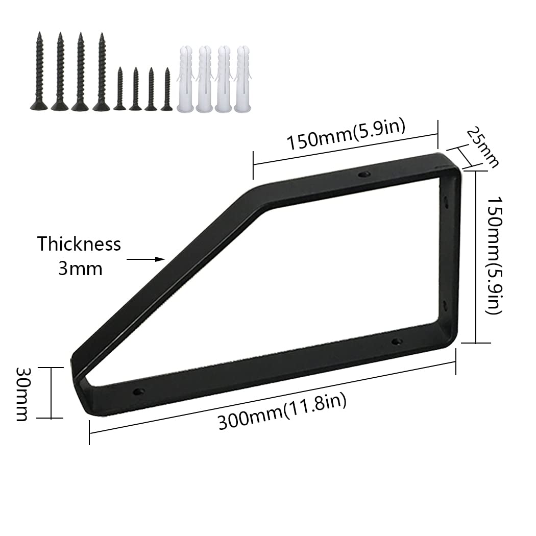 Paquete de 2 Soportes de Estante Resistentes Soportes para Baldas Decorativos Industriales 3 mm de Espesor Soportes de Flotante de Metal, Negro