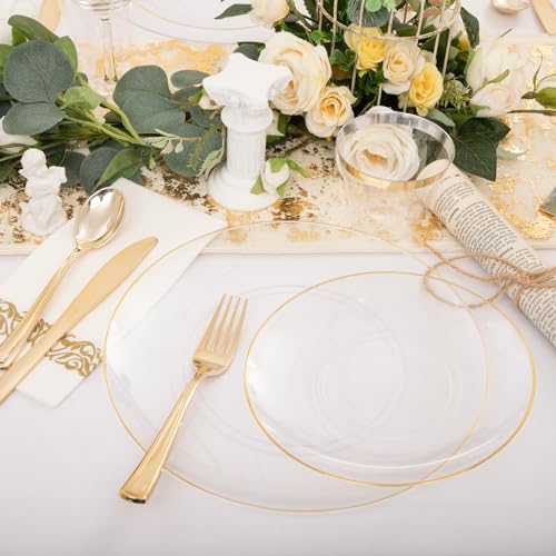 Nervure 100 Pieces Clear and Gold Plastic Plates - 10.25inch Gold Dinner Plates - Clear Plastic Plates with Gold Rim - Heavyweight Clear and Gold Disposable Plates Ideal for Wedding & Party - Thumbnail 2
