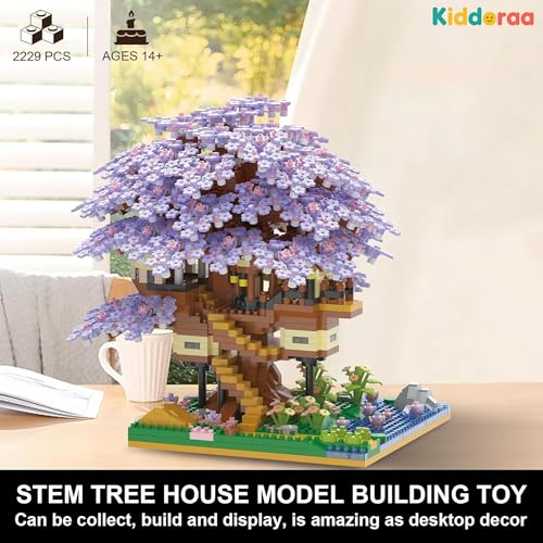 Image of Cherry Blossom Tree House Micro Blocks Set, 2229+ PCS Japanese Sakura Bonsai Treehouse STEM Toys with Purple Flowers for Adults & Kids | 1 Year Manufacturing Warranty