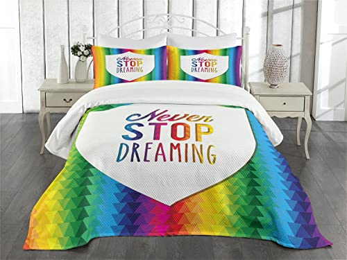 Ambesonne Saying Bedspread, Digital Bound Little Triangles In Rainbow Colors Futuristic Geometrical Motivation, Decorative Quilted 3 Piece Coverlet Set With 2 Pillow Shams, Queen Size, Yellow Green #TOP1