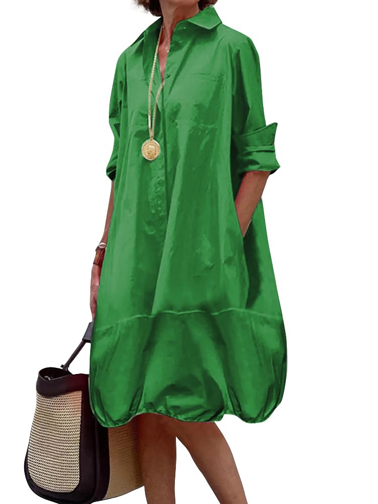 UOOZEE Women's Long Sleeve Button Up Shirt Dresses Casual Loose Fit Spring Midi Dress with Pockets