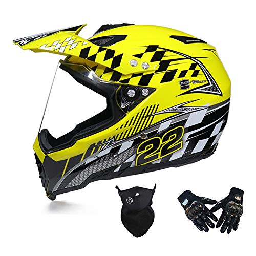 Crosshelm mit Visier, Motocross Helm Set (Cross Helm/ Handschuhe/ Maske, Motorrad Fullface Offroad Helm Motorradhelm Schutzhelm Sicherheit Schutz Kit für MTB Enduro BMX Downhill, 3 Farben,Gelb,L