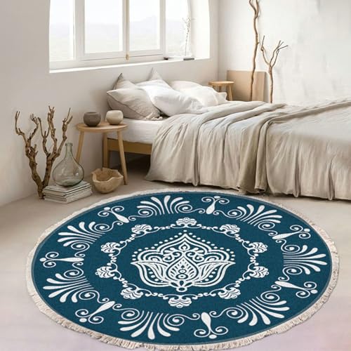 Mesnt Alfombras pequeñas para dormitorio, 60 cm, poliéster, patrón floral étnico, alfombra redonda para jardín, patio, picnic, resistente a las manchas, azul mezclilla, estilo 4