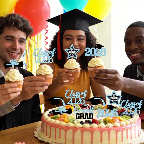 Image of 48 PCS Graduation Cupcake Toppers 2026, 6 Styles Grad Cupcake Toppers, Glittery Congrats Graduation Decor, Black and Sky Blue Cap and Diploma Cake Picks for Grad Decorations Party Supplies