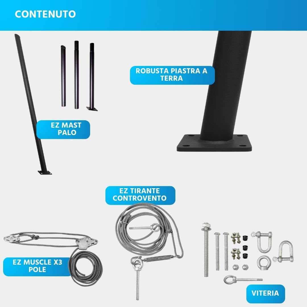 EZ Mast 260cm Palo per vela ombreggiante con 5 punti di ancoraggi/occhielli in Acciaio Zincato/Sistema multivela e Ø70mm - Include Accessori, Zinco - Inclinazione 80°