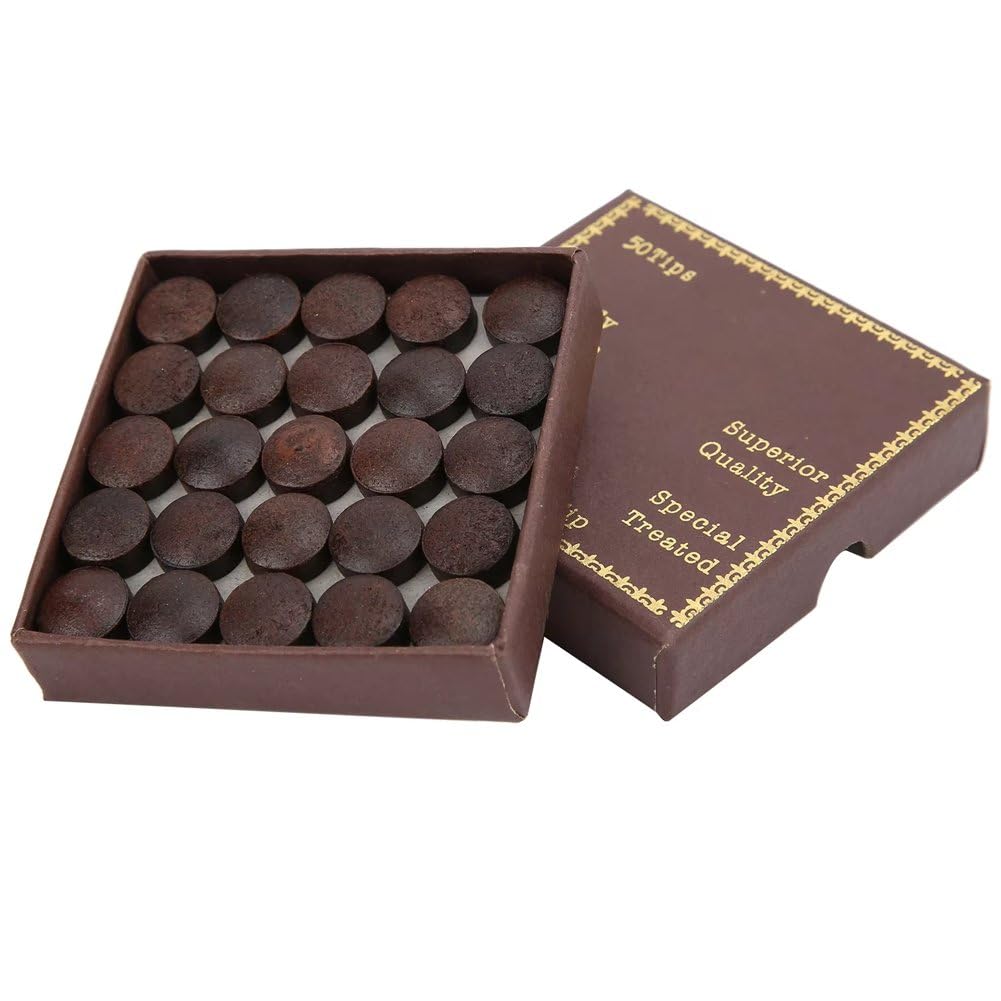 Baokuan As Shown 50Pcs Billiard Pool Cue Tips, 13Mm Tips Replacement Kit Leather Nine Ball Cue Tips Pool Stick Tips With Storage Box For Snooker Pool Cues