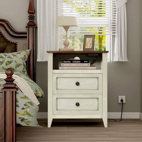 Nasonet Nightstand with Charging Station, 20 Inch Wide Farmhouse End Table with 2 Drawers Storage, Mid Century Modern Night Stand for Bedroom, Antique White
