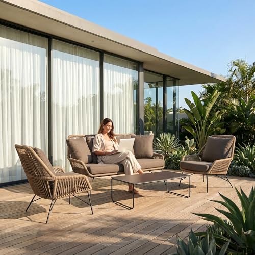 Image of Amazon Brand - Solimo Solix Outdoor Rope Sofa Set | Balcony Sofa | Patio Conversation Sets | Braided Rope Garden Sofa Set and Center Table (5 Seater- Beige+Brown)