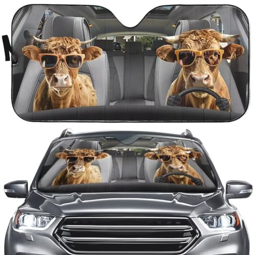 Personalized Cow Driving Car Front Window Sun Visor - 57x27.5 Inches Foldable Front Windshield Sun Shade Blocks UV Rays Keep Your Vehicle Cool Fit Most Cars SUV Trucks