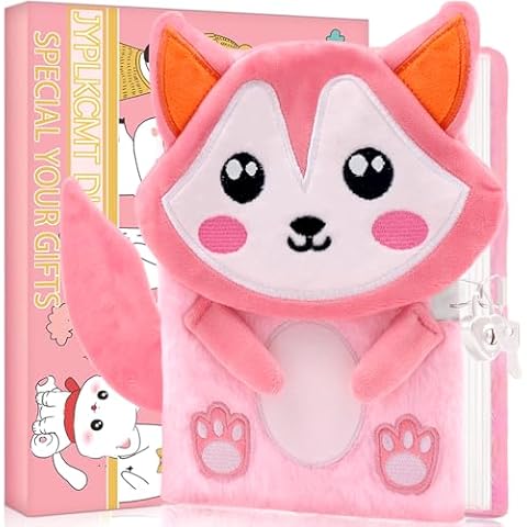 Fluffy Fox Diary with Lock for girls, 6 7 8 year old girl Fox Gifts, Princess Diaries Girls diary journals, Back to School Supplies Notebook, Birthday Christmas Gifts for daughter granddaughter niece Cover