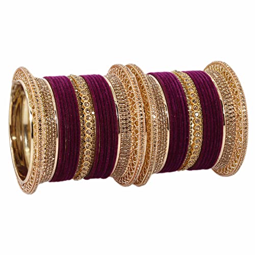 Image of NMII Non-Precious Metal with Base Metal and Studded with Zircon Gemstone Glossy Finished Traditional Velvet Bangle Chuda set for Women and Girls