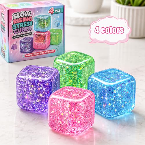 Image of 4 Pack Ice Cube Squishy, Slow Rising Squishy Toys with Glitter, Sensory Fidget Cube Set for Kids Teens Adults, Stress Relief Squeeze Toys