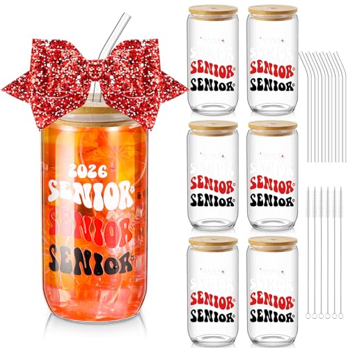 Hushee 6 Set Class of 2026 Senior Night Gifts 16 oz Glass Water Bottle with Lids Straws Glitter Bow Straw Topper Senior 2026 Tumbler Graduation Gift for Her Women Team Coach Player(Red)
