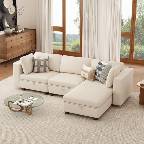 AYEASY L Shaped Couch Convertible Sofa for Living Room, Large Deep Seat Couches, Oversized Modular Sectional 4 Seat Sofa with Storage Ottoman, Cream