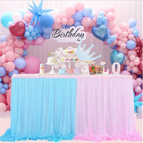 HAPYFMSHI 6FT Tutu Gender Reveal Tablecloth, Pink & Blue Tulle Table Skirts for Gender Reveal, Birthday Party, Cake Dessert, Wedding Table Decorations Cover