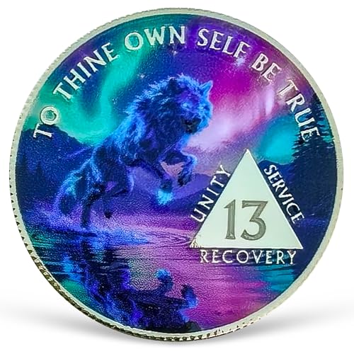 Aurora Wolf 13 Year Sobriety Coin Beauty and Strength AA Chips and Medallions Addiction Recovery Anniversary Token for Celebrating 1-15 Years Alcoholics Anonymous Sobriety Gifts for Men Women
