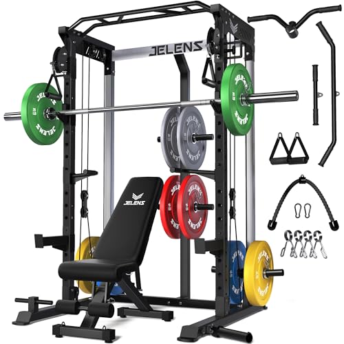 Image of JELENS C21 Power Cage, 2000LBS Multi-Function Power Rack with Independent Dual Pulley System, All-in-One Squat Rack for Cable Crossover, Home Gym Workout Machine