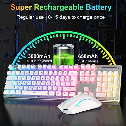 Felicon L96 Wireless Keyboard Mouse Combo, 3650Mah Rechargeable Rgb Full Size Keyboard With Pudding Keycaps, Ergonomic Mechanical Feel 4800 Dpi Rainbow Led Mute Mouse 2.4G Usb For Pc/Mac(White) #TOP5