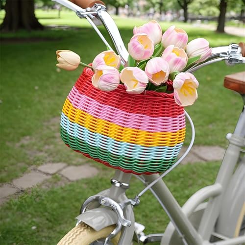 Yeehliny Fahrradkorb Kinder, Fahrradkorb Geflochten für Mädchen und Kinder vorne, Laufradkorb Lenkerkorb Lenkerkörbchen Körbchen für Fahrrad aus Kunststoff, mit Lederriemen (Stil B/23.5cm/Bunt)
