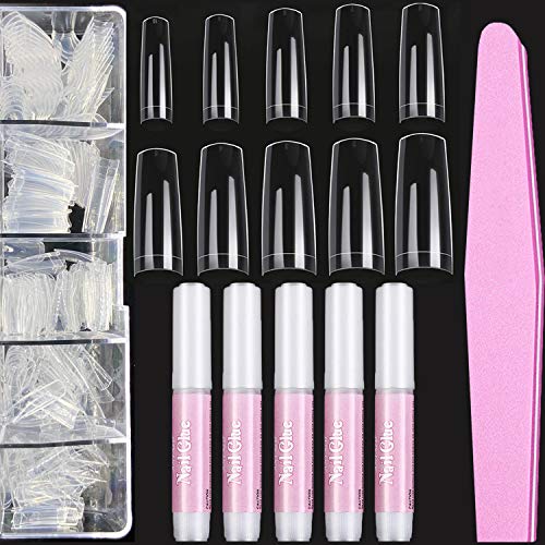 Clear Nail Tips Acrylic Nails - Sanluba Coffin Acrylic Nails Tips False Nails French Half Cover Fake Nails with 5PCS Nail Glues 1PC Nail File with Case, Artificial nails, Acrylic Nail Tips and Glues