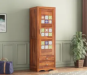 KARINA FURNITURE Wooden Wardrobe for Clothes | Sheesham Wood 1-Door Wardrobe with 2 Drawer Storage | Solid Wood Large Cupboard Almirah: Storage Cabinet for Your Living/Bedroom/Kitchen (Design 105)