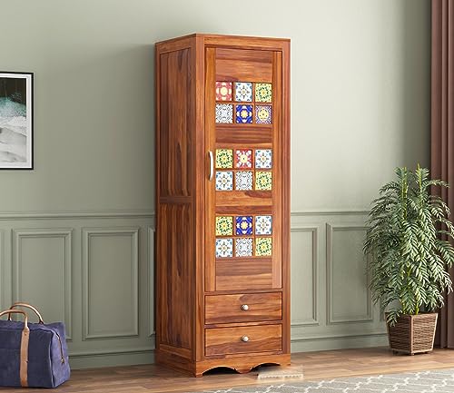 Image of Sheesham Wood Wooden Single Door Wardrobe Organizer for Clothes | - Solid Wood Almirah with 2 Drawers, 2 Shelves - Cupboard for Large Bedroom (Design 16)