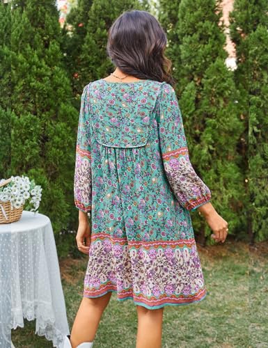 Image of Bluetime Women Casual Summer Dress Boho V Neck 3 /4 Sleeve Babydoll Floral Print Flowy Beach Dress