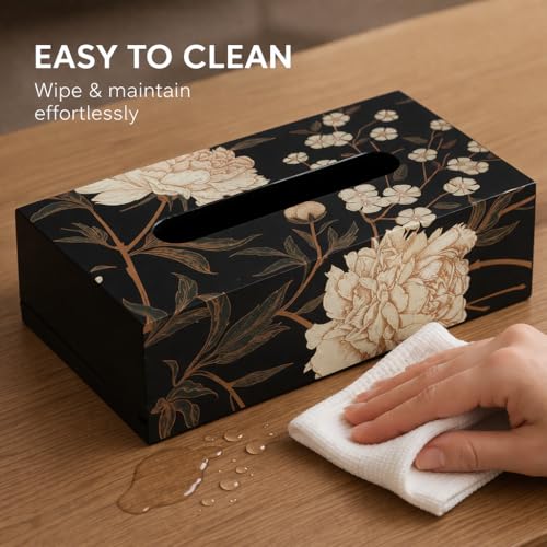 Image of Reinvention Factory Wooden Tissue Box Holder for Dining Table & Home | Tissue Paper Box Holder, Wooden Tissue Box Cover | Decorative Black Floral Tissue Holder for Bathroom, Office, Living Room